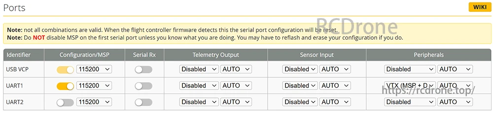 Happymodel Mobula7 Freestyle Drone, Happymodel Mobula7 drone ports config: Set USB VCP, UART1, UART2 for telemetry, sensors, peripherals. Use MSP on first serial port cautiously.