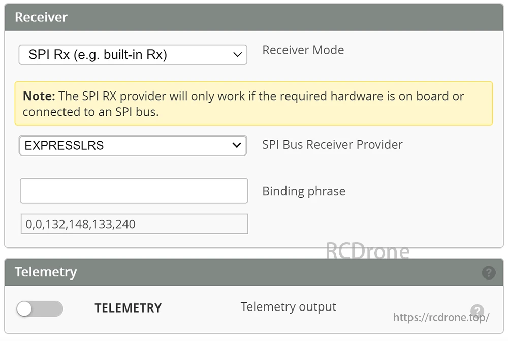 Happymodel Mobula7 Freestyle Drone, Receiver settings for Happymodel Mobula7 include SPI Rx mode, EXPRESSLRS, compatible hardware, binding phrase, and telemetry output options.