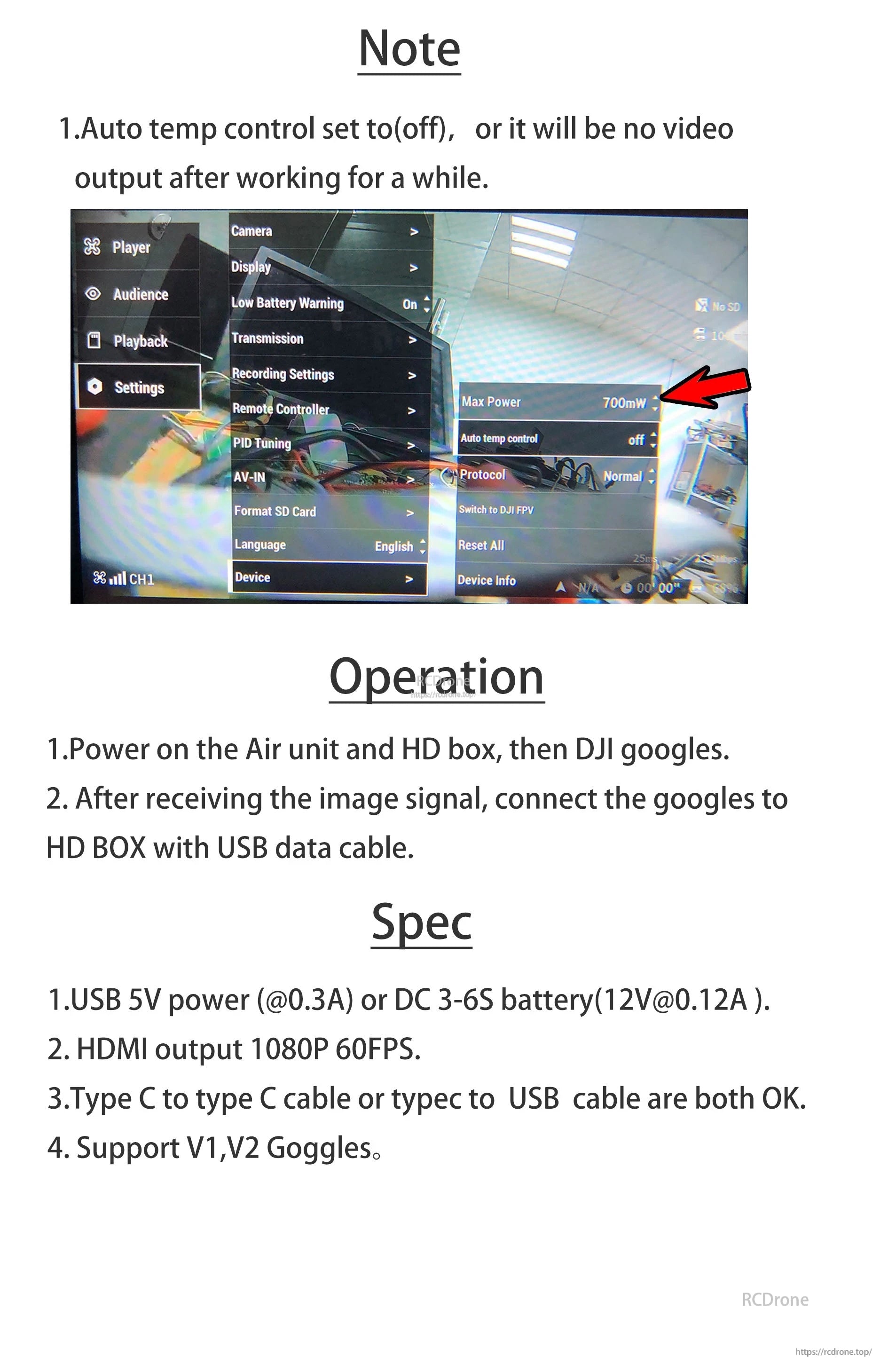 Hawkeye Firefly HDMI Box for DJI FPV Goggle, Disable auto temp control to prevent video loss; power devices in order and connect via USB with specified power and cable support.
