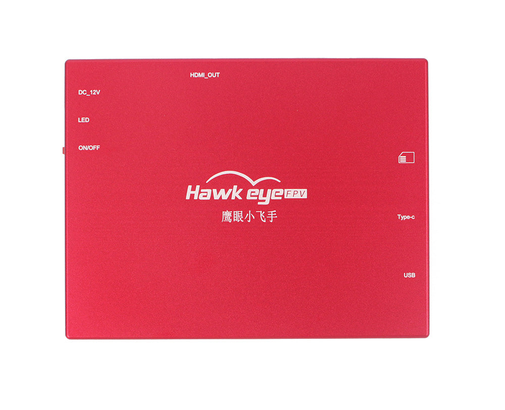 Hawkeye Firefly HDMI Box for DJI FPV Goggle, Red Hawk Eye FPV device features HDMI, USB, Type-C, multiple power options, and visible Chinese branding.