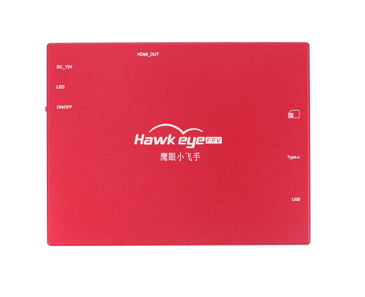 Hawkeye Firefly HDMI Box for DJI FPV Goggle, Red Hawk Eye FPV device features HDMI, USB, Type-C, multiple power options, and visible Chinese branding.