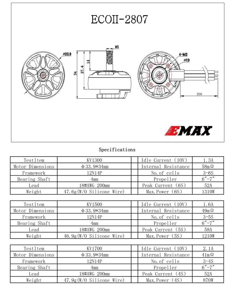 EMAX ECOII Series Original ECO II 2807 6S 1300KV 5S 1500KV 4S 1700KV Brushless Motor for FPV Racing RC Drone Diy Parts 16 EMAX Specifications Testltem KL130Q Idle_Current