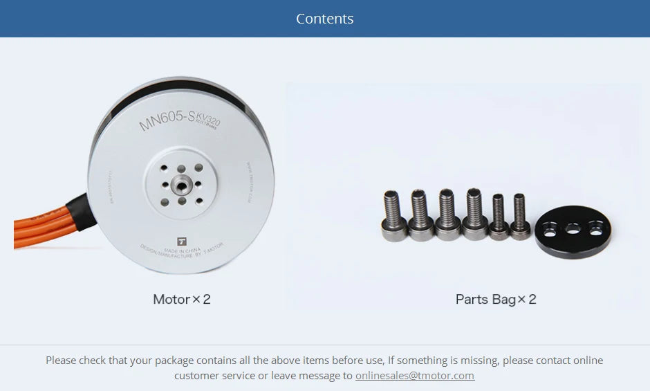 2Pcs/Set T-motor MN605-S KV170 8.1KG+ Thrust Brushless Motor For RC Boat Drone Airplane Aircarft Quadcopter Hexacopter 21 2Pcs/Set T-motor, if something is missing please contact online customer service or leave message to onlinesales@t