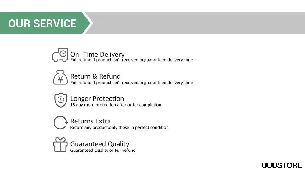 OUR SERVICE On- Time Delivery Full refund if product isn't received in guaranteed