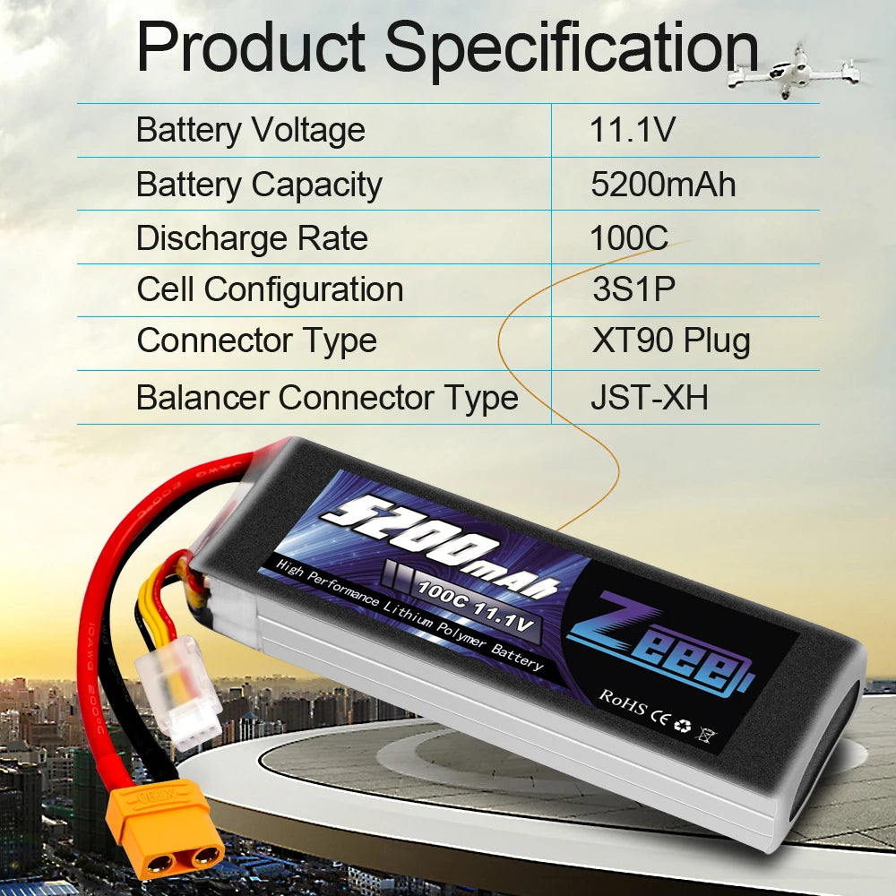 Zeee 5200mAh 100C 11.1V 3S Lipo Battery, Battery Voltage 11.1V Battery Capacity 5200mAh Discharge Rate 1OOC