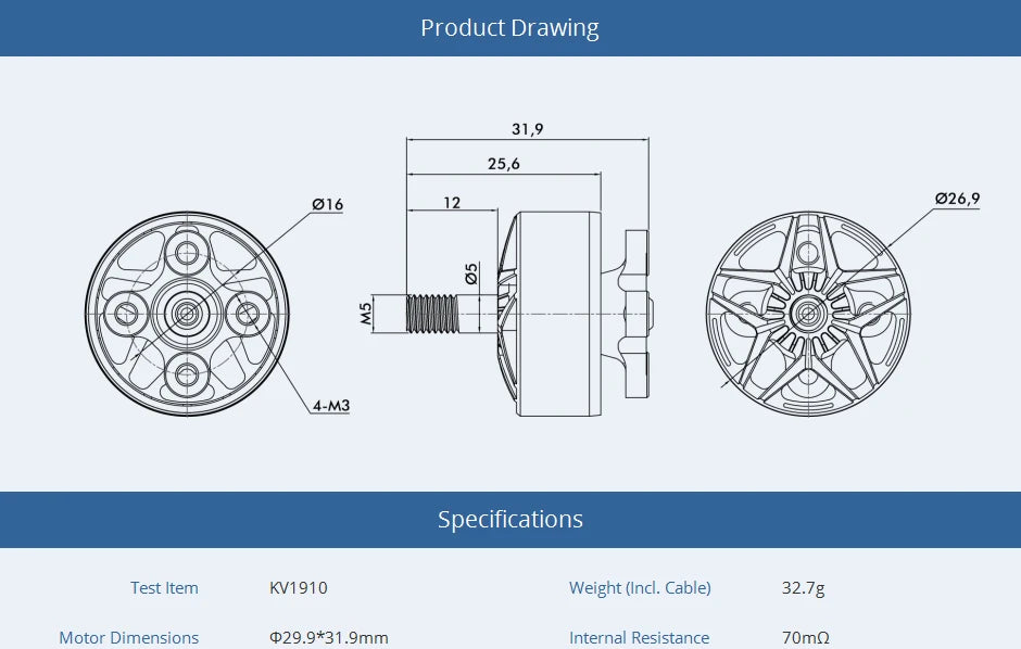 T-motor MCK V3.0 KV1910 KV2100 4-6S Brushless Motor for FPV Freestyle Racing Drone Champion Co-brand 4 T-motor, 4-M3 Specifications Test Item KV1910 Weight (Incl. Cable