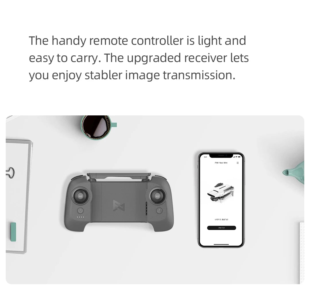 FIMI X8 Mini Drone, the handy remote controller is light and easy to carry . the upgraded receiver lets you enjoy stable