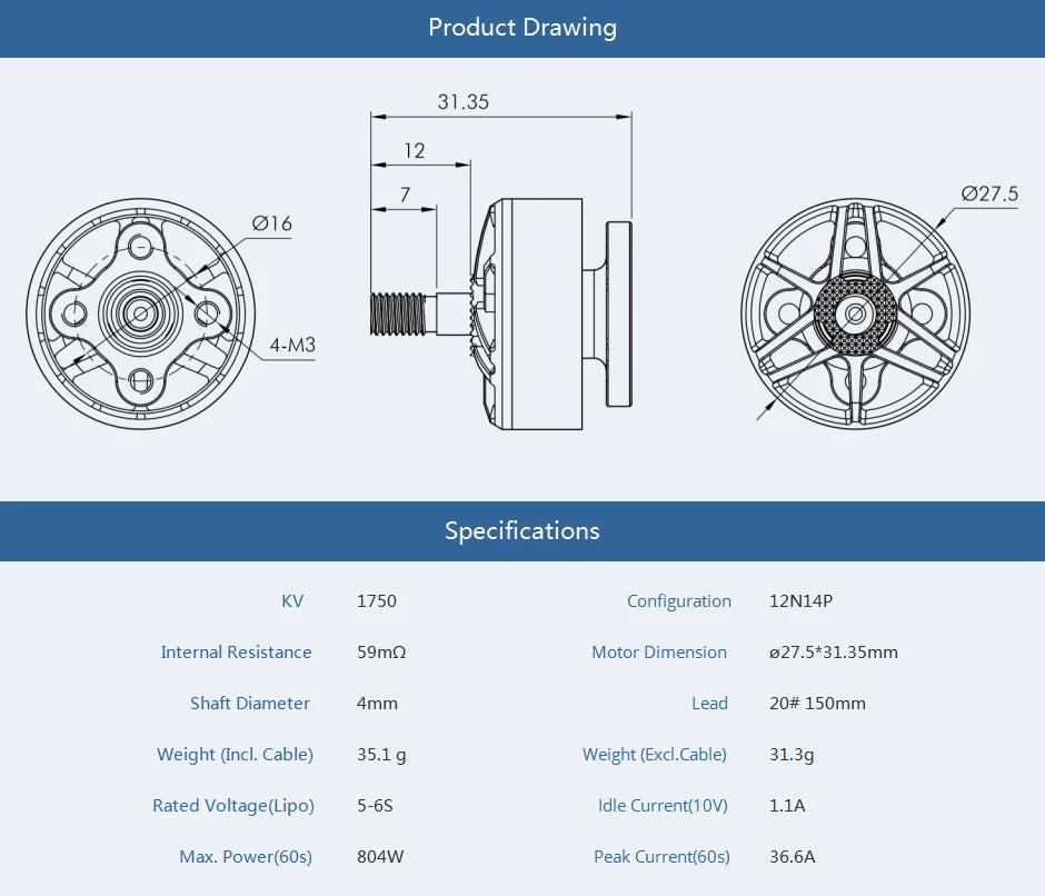 T-Motor Velox V2.0 V2306 2400KV 4S 1900KV 6S V2207 2550KV 4S 1950KV 1750KV 6S FPV Motor for FPV Racing Freestyle 5inch Drones 22 T-Motor, 4-M3 Specifications 1750 Configuration 12N14P Internal Resistance 59mn