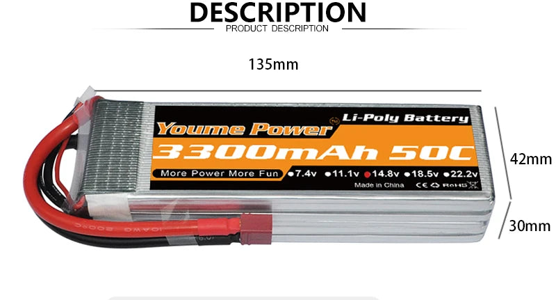 2PCS Youme Lipo 2S 3S 4S 5200mah 6200mah Battery, 135mm Li-Polu Battery Youmne Power 33dOmA S