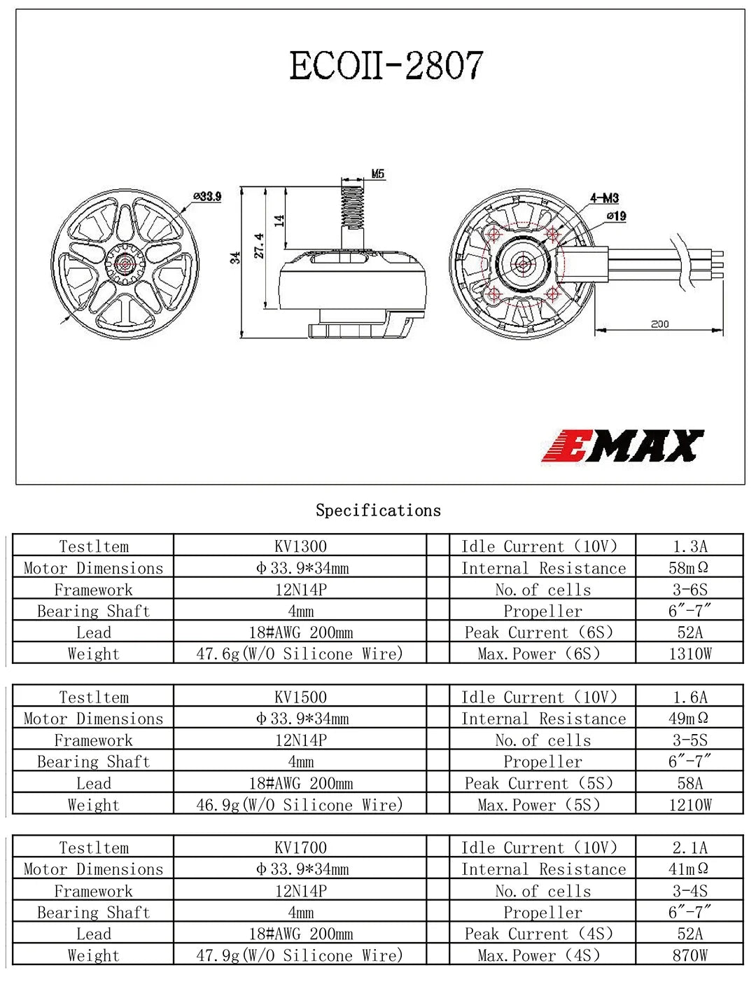 Emax ECO II 2807 Motor. 1.34 Motor Dimensions 33.9*34mm Internal Resistance 58m 9 Framework 12N