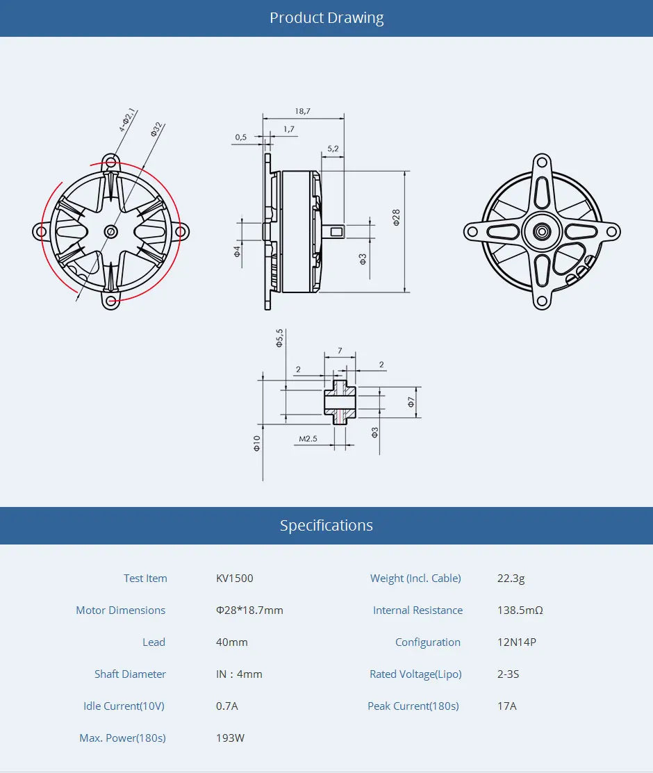 T-motor, KV15OO Weight (Incl. Cable) 22.3g Motor Dimensions 02