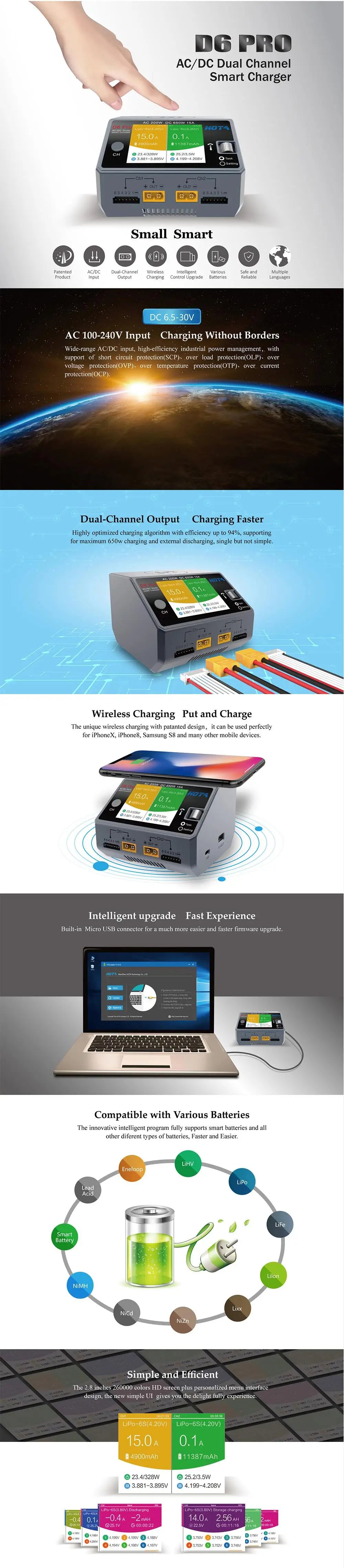 HOTA D6 Pro Charger - AC 200W DC 650W 15A D6 DC 2X325W 2X15 Charger With Wireless Charging for NiZn/Nicd/NiMH Battery Drone Battery 5 HOTA D6 Pro Charger, d6 PRO Ac/DC Dual-Channel Wireless Charger ane Soi