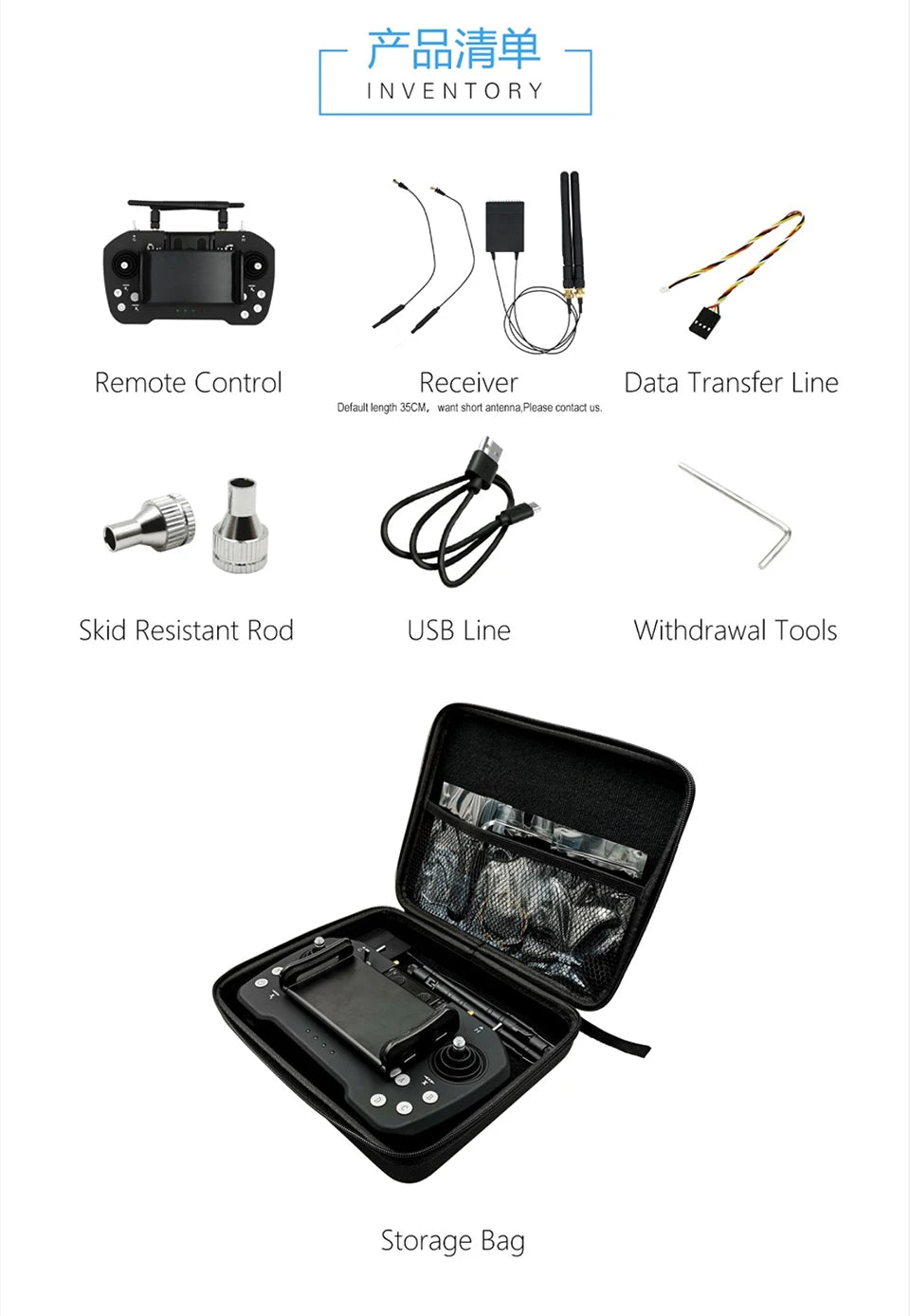 Skydroid M12 Pro Remote Controller, High-tech remote controller with receiver, antenna, and storage bag for organizing.