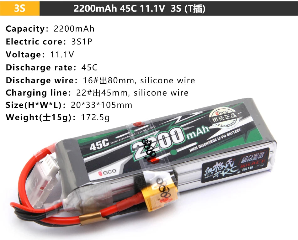 Gens ACE Lipo 3S Lithium Battery, Capacity: 2200mAh 45C 11.1V 3S (Tiui