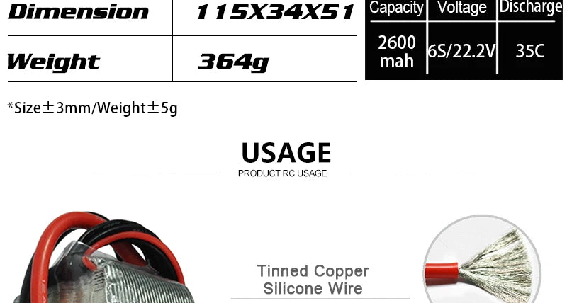 2PCS HRB 6S 22.2V Lipo Battery, Dimension 1Sx34X51 Capacity Voltage Discharge 2600 Weight 364