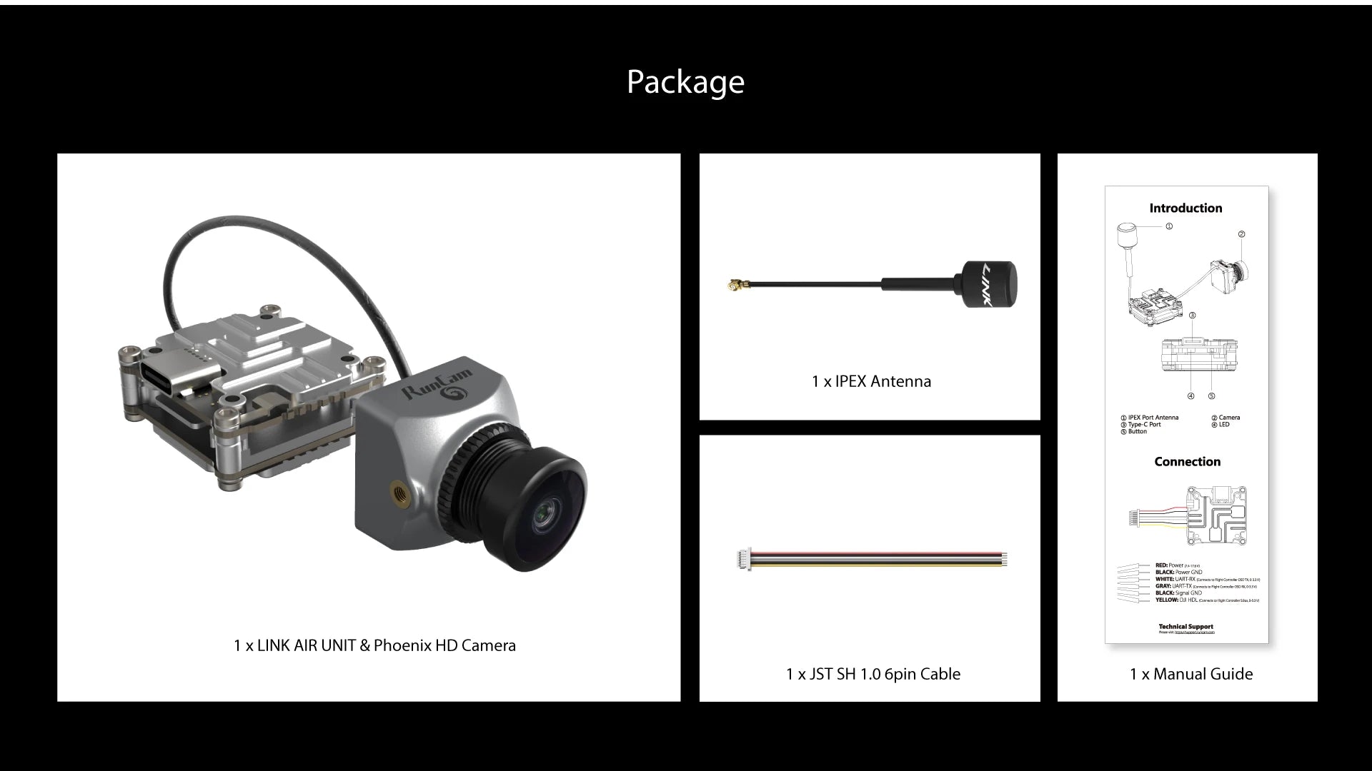 RunCam Link Phoenix HD Kit, Package includes 1 x IPEX Antenna Camera Bnton Connection x Manual