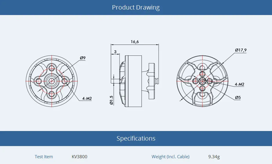 T-motor F1404 KV3800 KV4600 3-4S Brushless Outrunner Motor For FPV Freestyle Version Quadrotor 9 T-motor, 6-M2 4-M2 05 Specifications Test Item Kv3800 Weight (