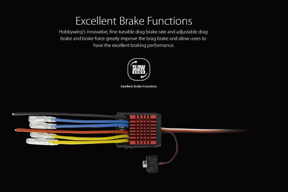 Hobbywing QuicRun 80A ESC, adjustable drag brake and brake force greatly improve the brag brake and allow users to have the excellent