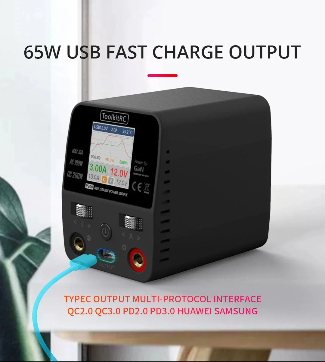 ToolkitRC P200 Mini 30V AC100W DC200W 10A GaN Adjustable Mini Desktop Power Supply USB Output ToolkitRC P200 Power Supply -