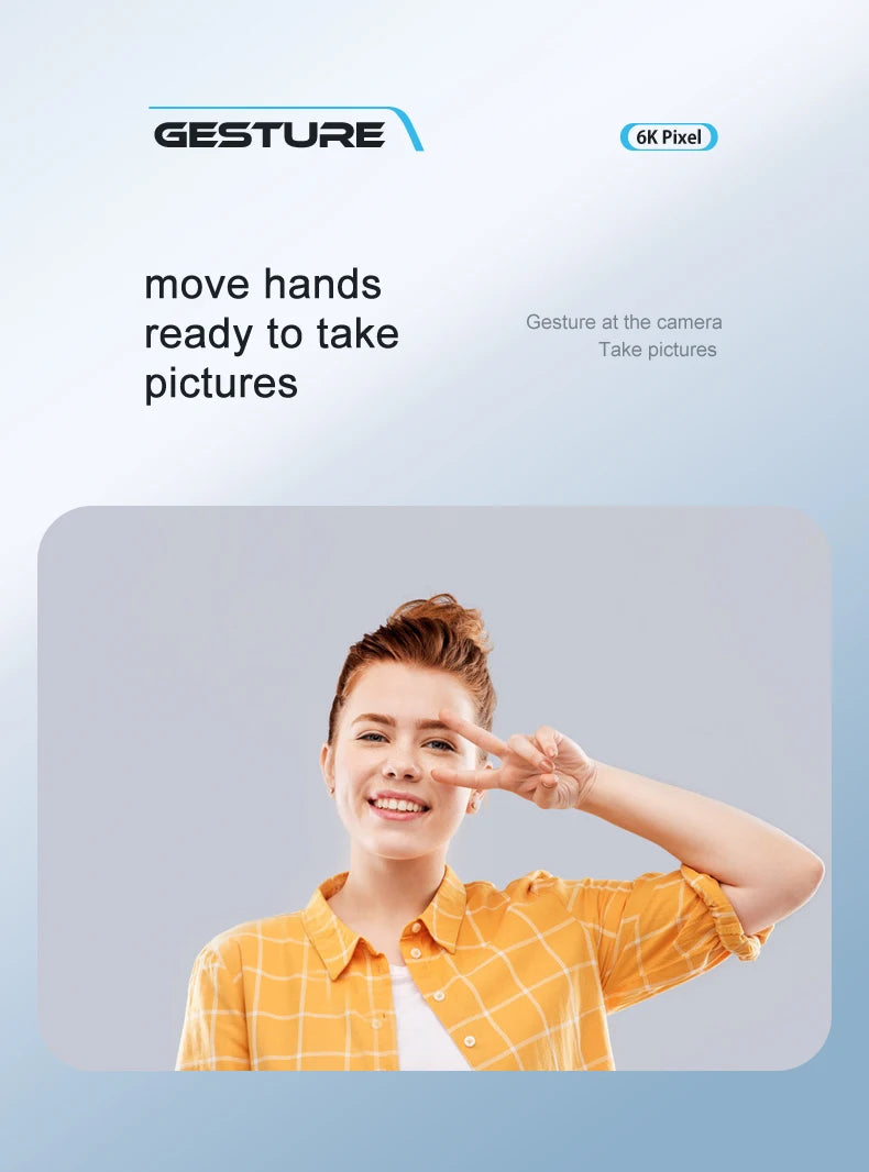 V20 Drone, gesture 6k pixel move hands gesture at the camera ready to take