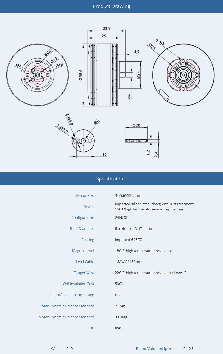 T-Motor, 055.6*33.9mm Imported silicon steel sheet; Anti-rust treatment; St