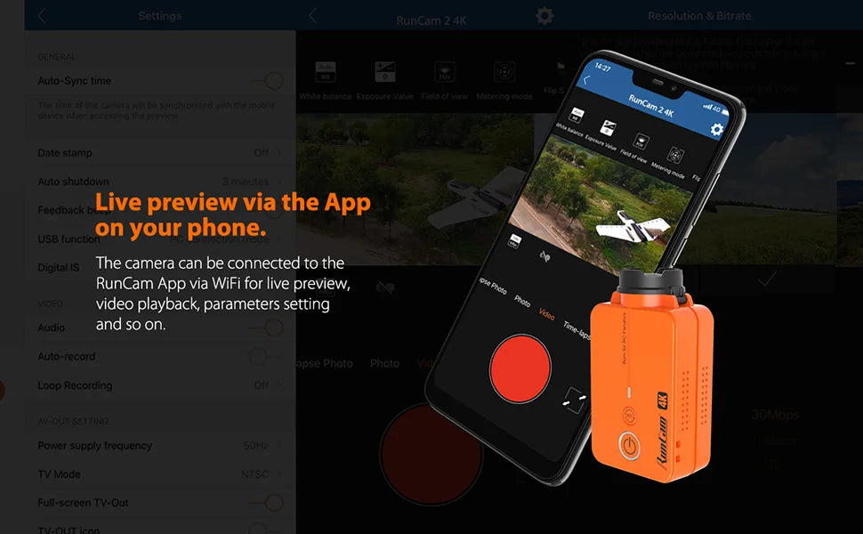 RunCam2 Camera, camera can be connected to the RunCam App via WiFi for live preview; Fro)