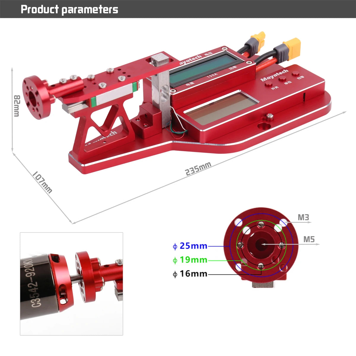 Mayatech MT10PRO 10KG Motor Thrust Tester, RC drone propeller power tester with adjustable shafts and aluminum build.