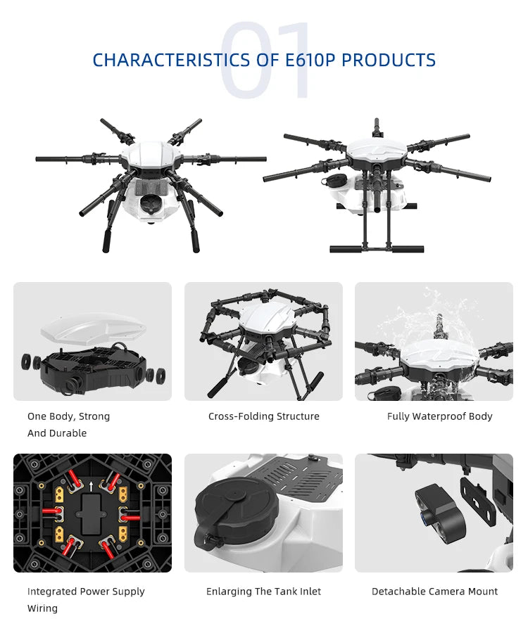 EFT E610P 10L Agriculture Drone, E61OP PRODUCTS One Body, Strong Cross-Folding Structure Fully Water