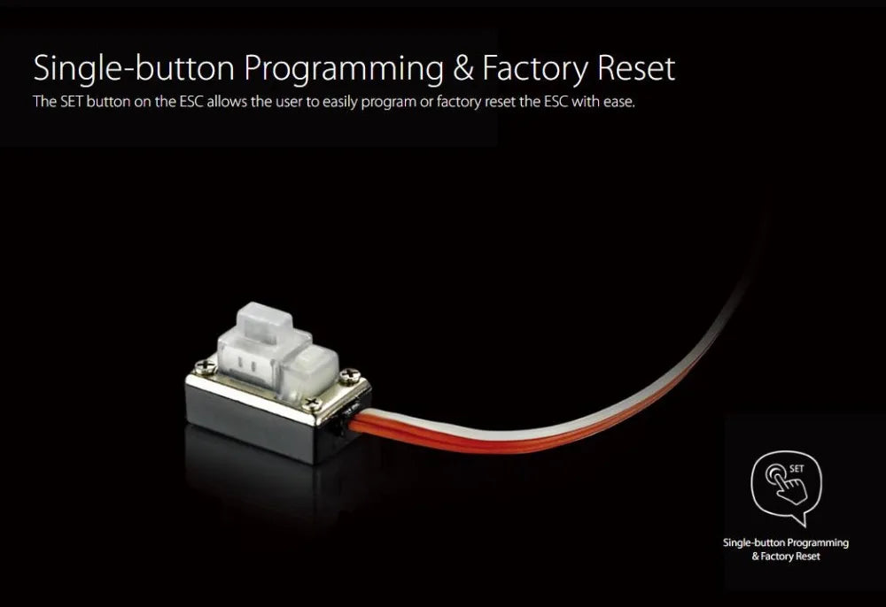 Hobbywing Quicrun 8BL150 ESC, the SET button on the ESC allows the user to easily program or factory reset the 