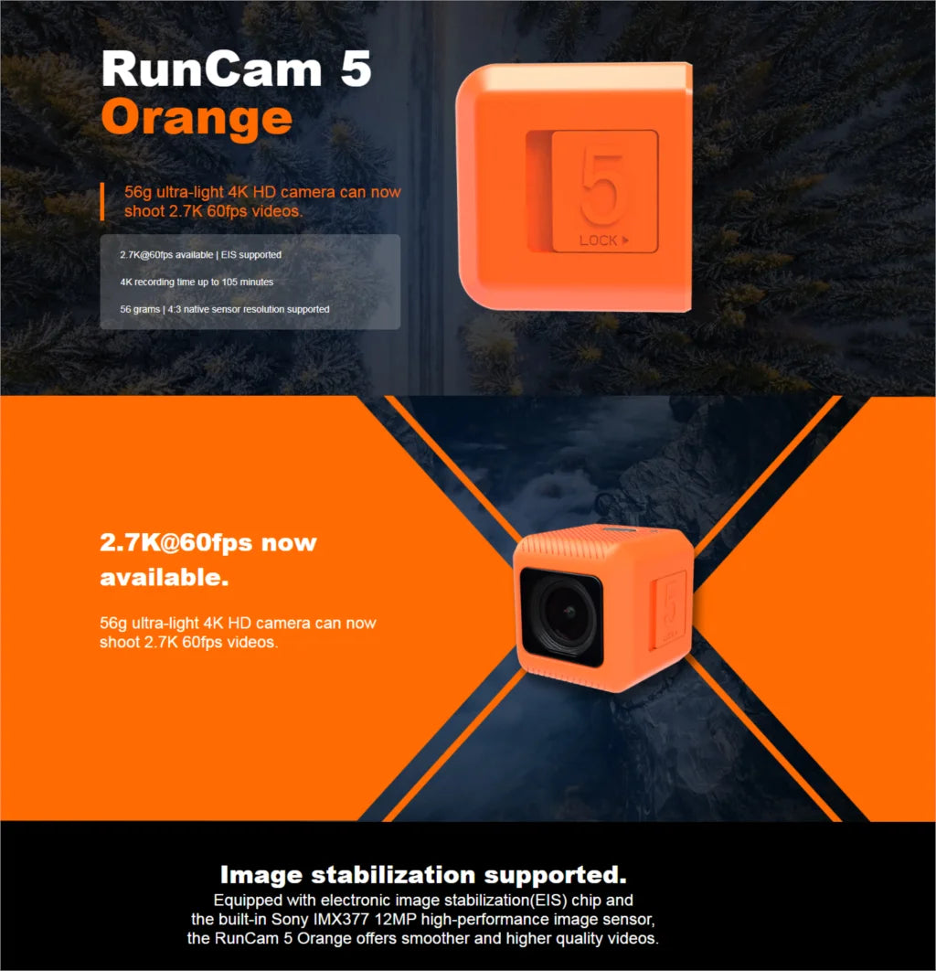 RunCam 5 Orange Black 12MP 4:3 145 Degree FOV 56g Ultra-light 4K HD FPV Camera for RC FPV Racing Drone Toothpick 9 RunCam 5 Orange Black 12MP 4