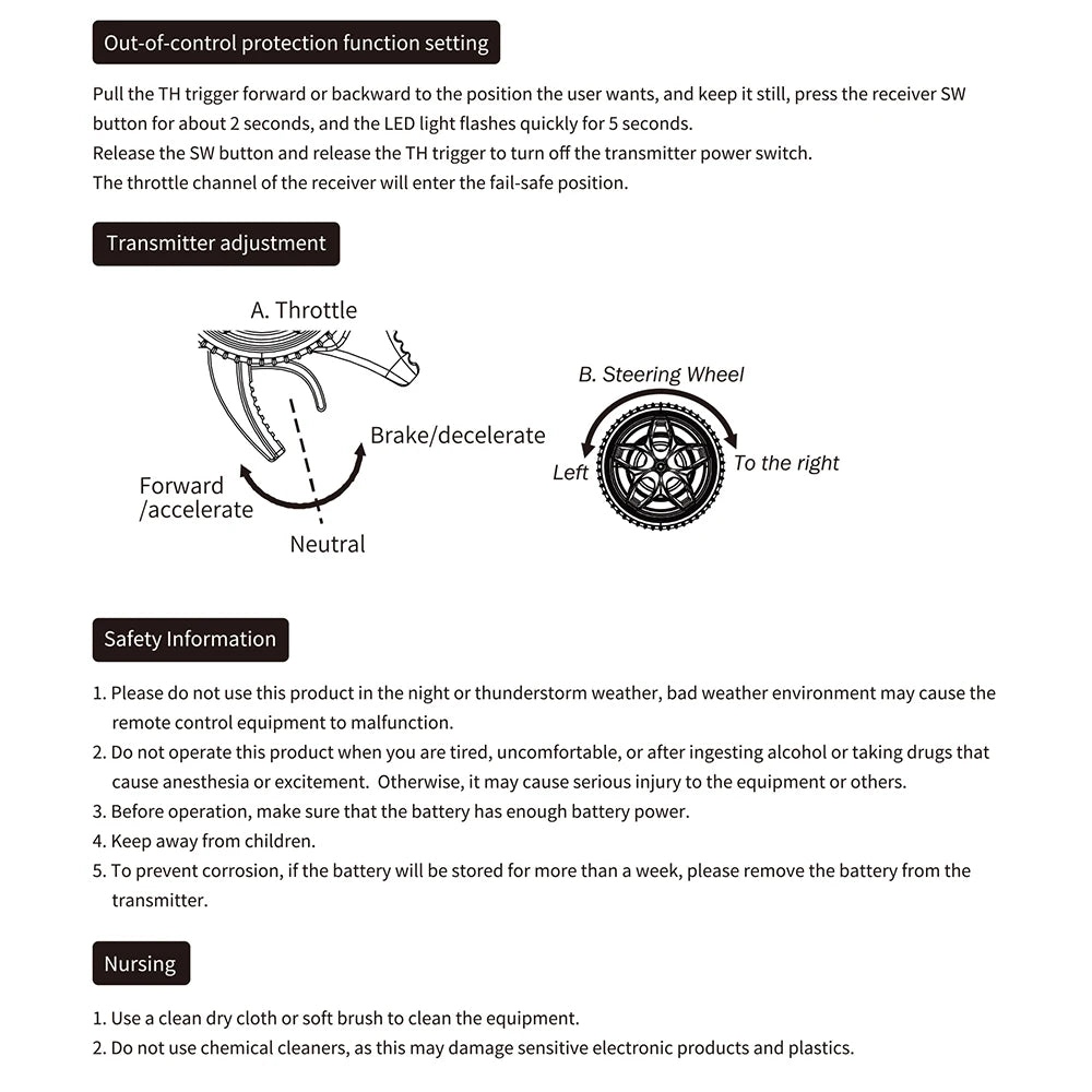 TX4 2.4GHz 4CH Radio System Transmitter Controller Remote Control w/ Receiver For RC Car Boat 21 bad weather environment may cause the remote control equipment to malfunction . before operation, make sure that