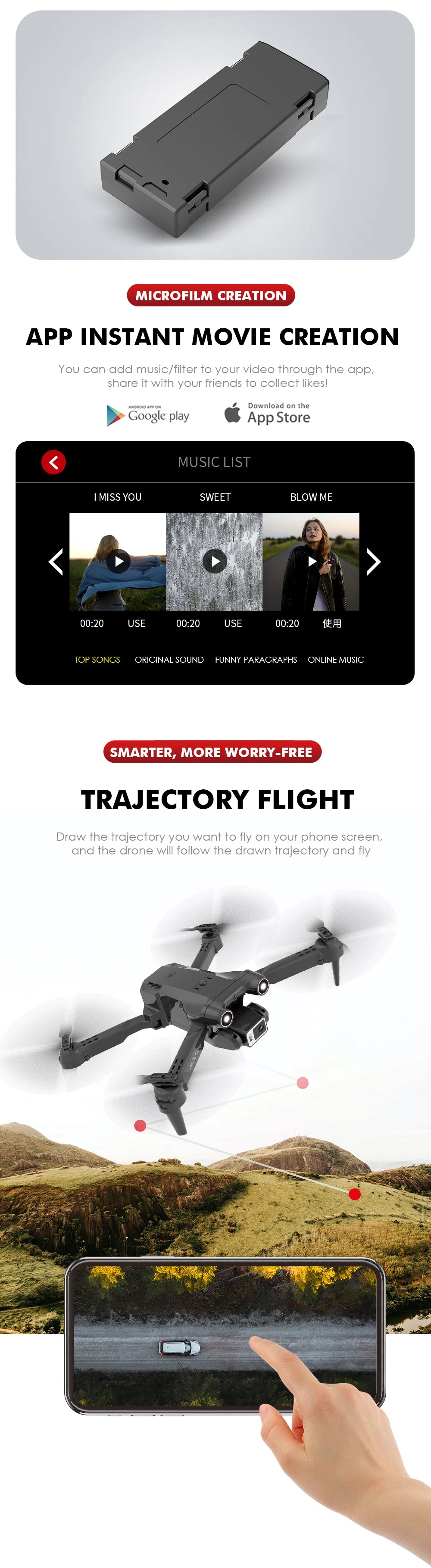 E63 Drone, microfilm creation app instant movie creation you can add music/filter to