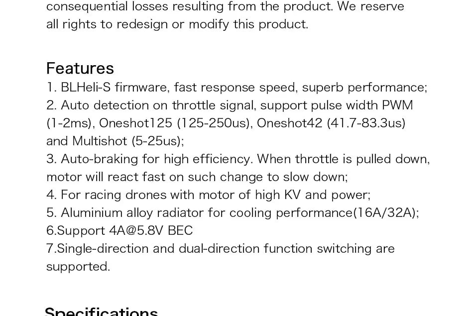T-motor F3P BPP-4D 16A ESC, BLHeli-S firmware; fast response speed, superb performance; 2 Auto detection