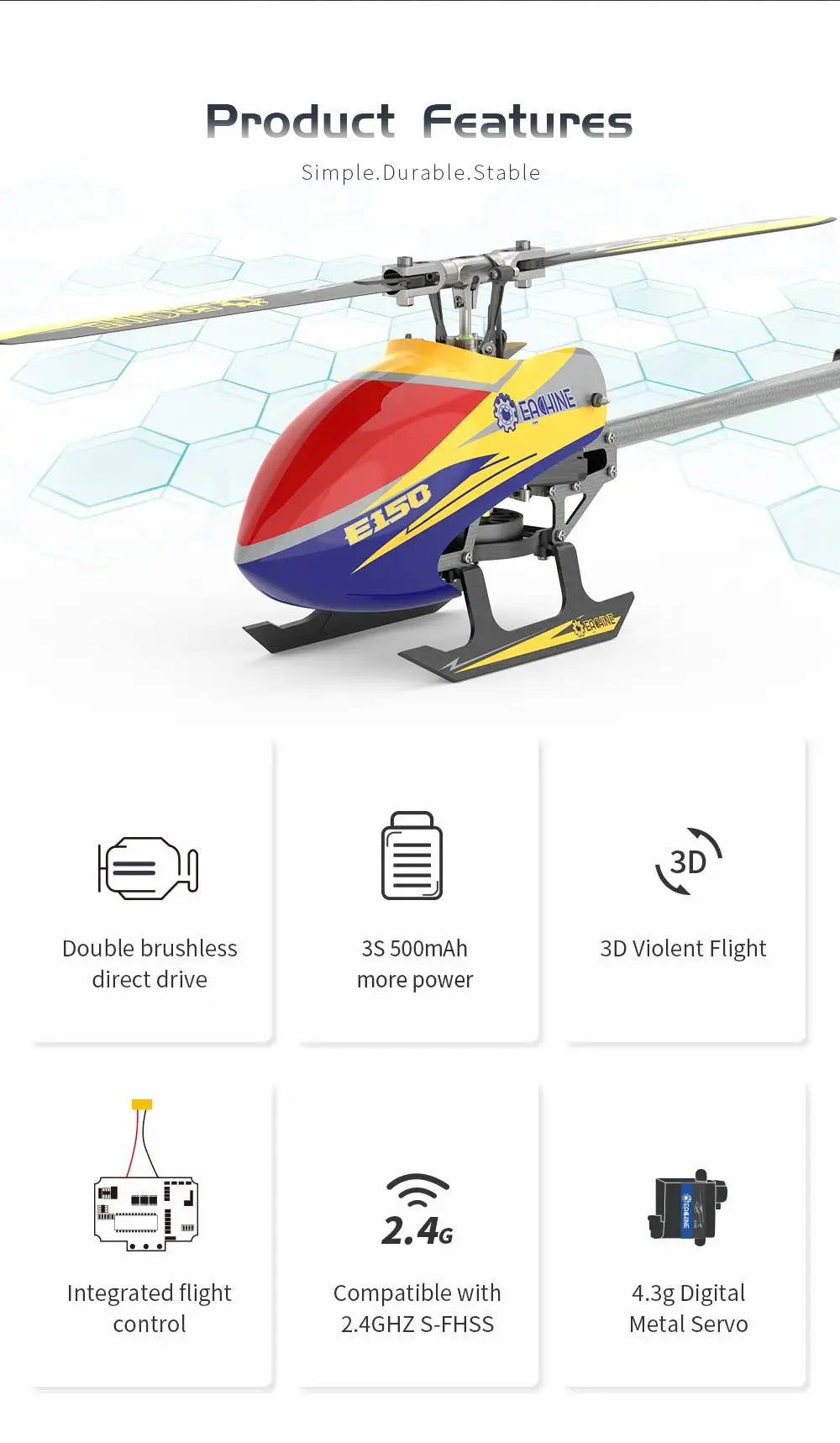 Eachine E150 RC Helicopter, Features Simple.Durable Stable 3D Double brushless 3S 500mAh 3D