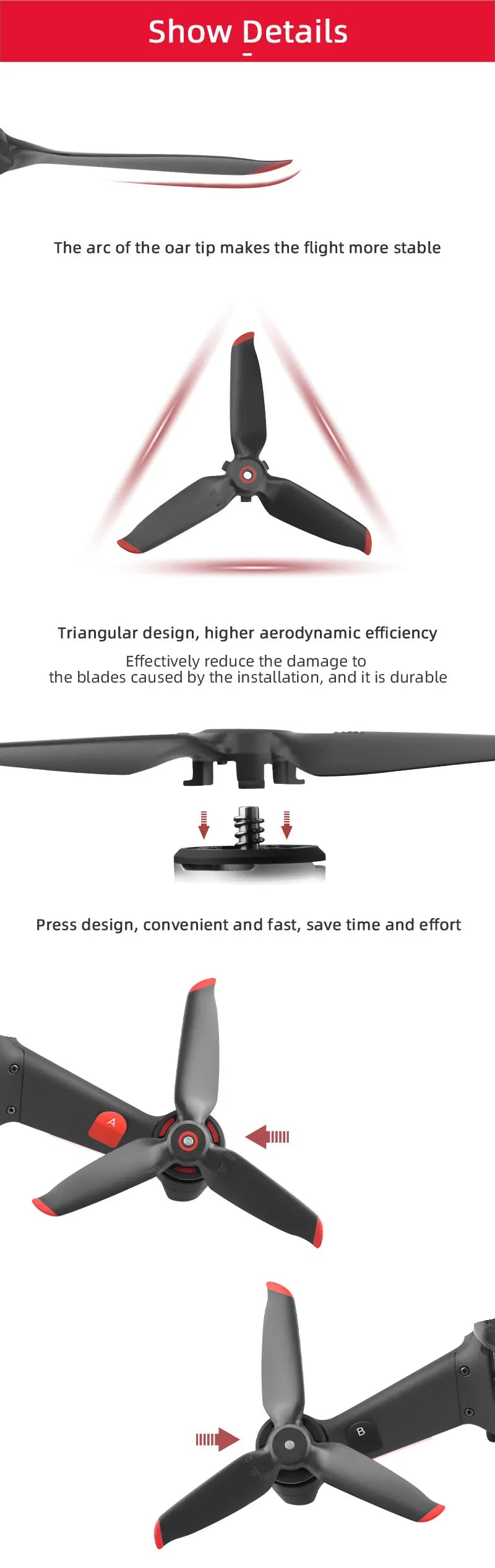 4pcs Drone Propeller, arc of the oar tip makes the flight more stable Triangular design, higher