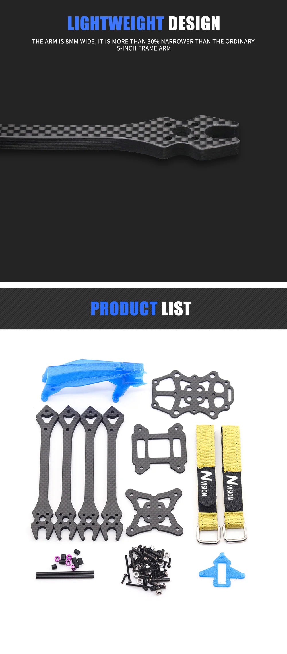 5inch FPV Frame Kit, LIGHTWEIGHT DESIGN THE ARM IS 8MM WIDE, IT IS MORE THAN