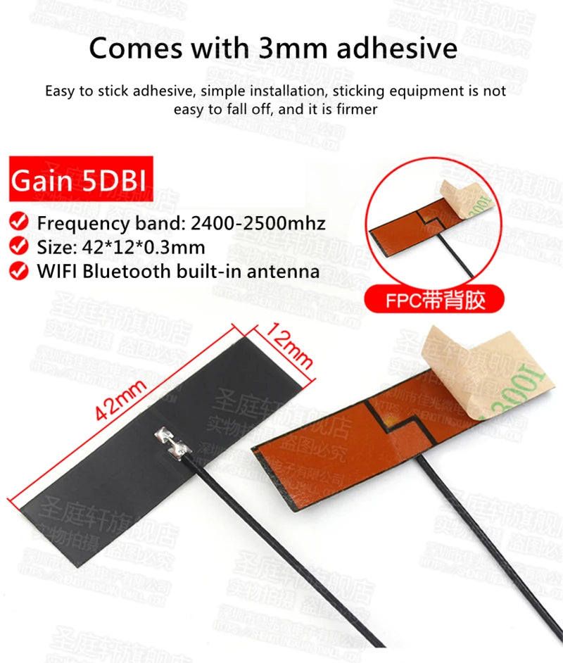 5 PCS/LOT WiFi 2.4G High Gain 5dbi , Built-in Flexible FPC Soft Antenna ZigBee Bluetooth Module IPEX1/IPEX4-K Patch Antenna 5dBi 17 comes with 3mm adhesive to stick adhesive, simple installation, equipment is not easy to fall off