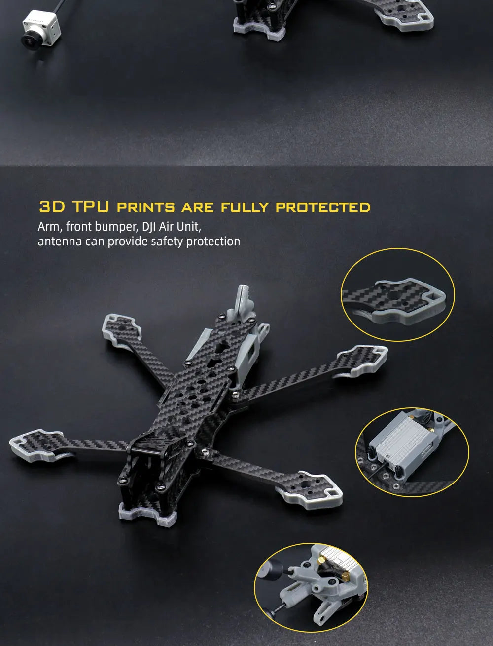 5-Inch FPV frame Kit. 3D TPU PRINTS ARE FULLY PROTECTED Arm. front bumper;