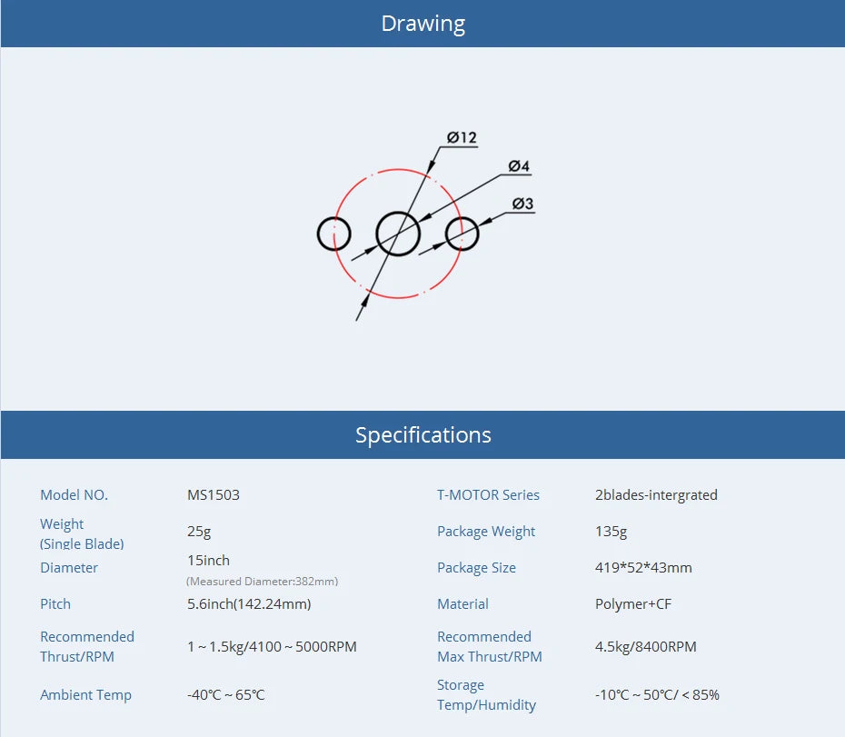 MS1503 T-MOTOR Series 2blades grated Weight 25g Package Weight 1