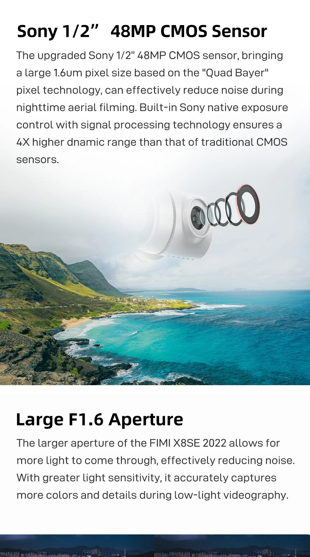FIMI X8se 2022 V2 4K HD Camera Drone, Sony 1/2" 48MP CMOS sensor features a large 1.6um pixel size