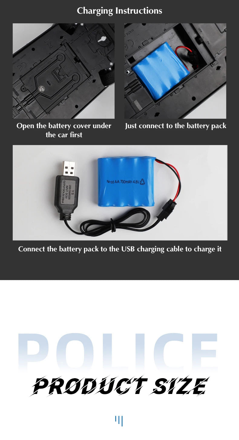 Super Fast Police RC Car, Charging Instructions Open the battery cover under Just connect to the battery the car first Nicd