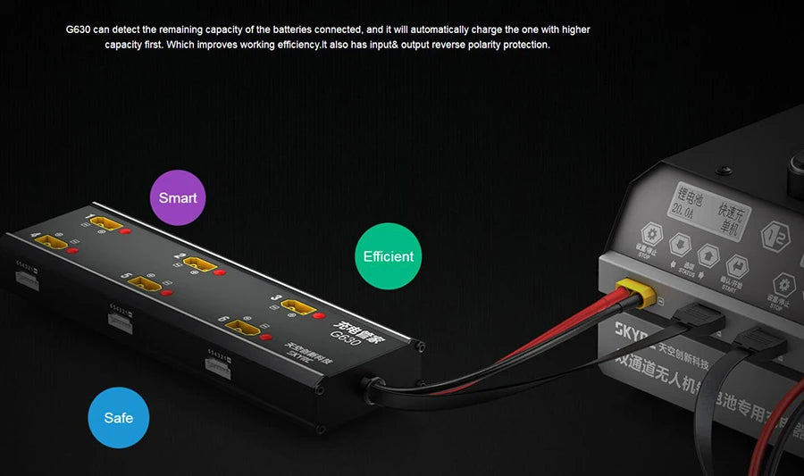 SKYRC G630 Charging Hub - Charging Management System Paired PC1080 Charger for UAV/Agricultural Drone Batteries 6 in 1 10 SKYRC G630 Charging Hub, G630 can detect tne remaining capacity of the batteries connected, and it will automatically