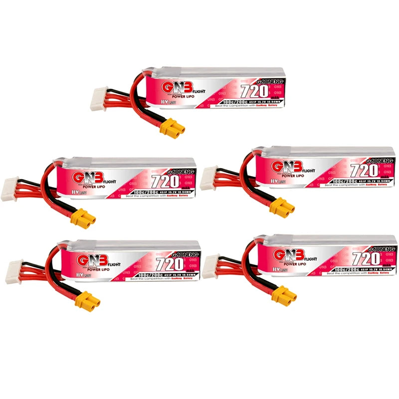 5-pack LiPo batteries for FPV drones, each with 720mAh capacity and high voltage design.