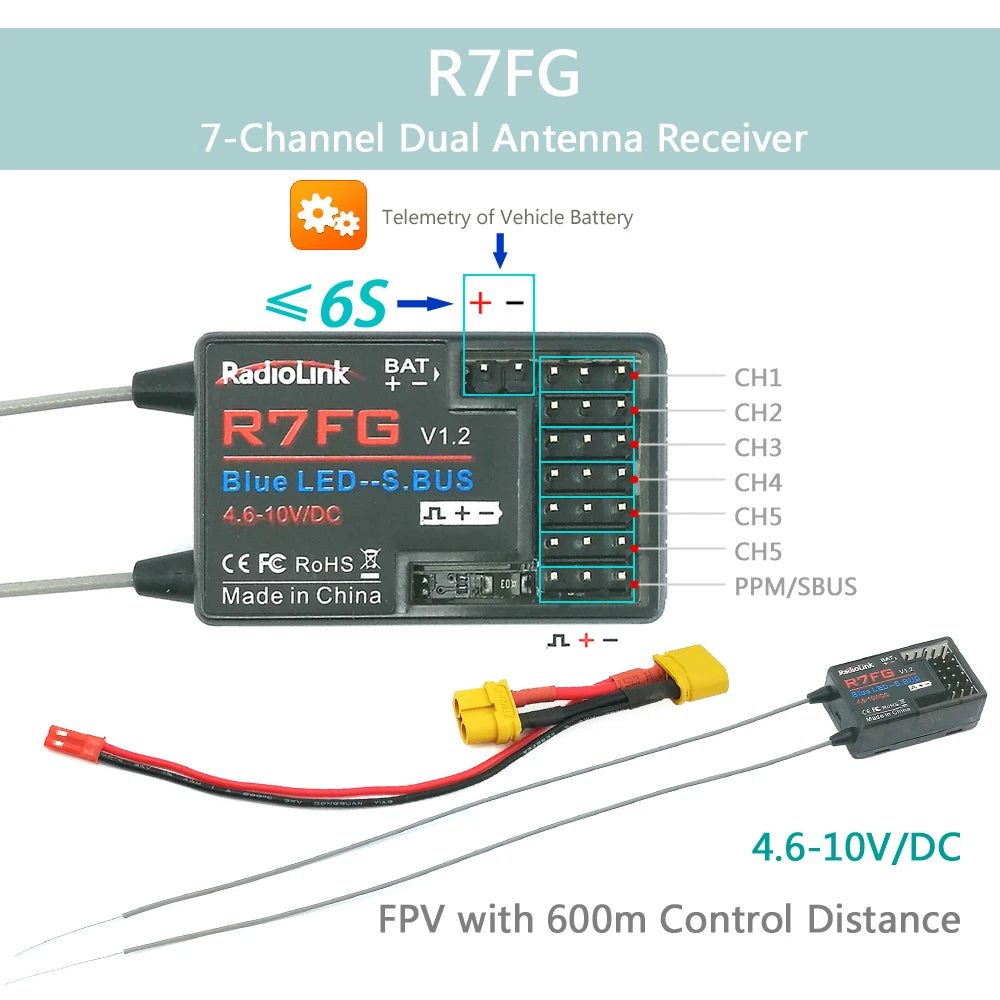 Radiolink 2.4GHz 6CH Receiver - Gyro Inside for RC4GS/R6FG V5 Transmitter R7FG V1.4 R6F V4 R4FMG V2.0 R8FG 7 Channels RCC6GS V3 11 Radiolink 2.4GHz 6CH Receiver, RZFG 7-Channel Dual Antenna Receiver Telemetry of Vehicle