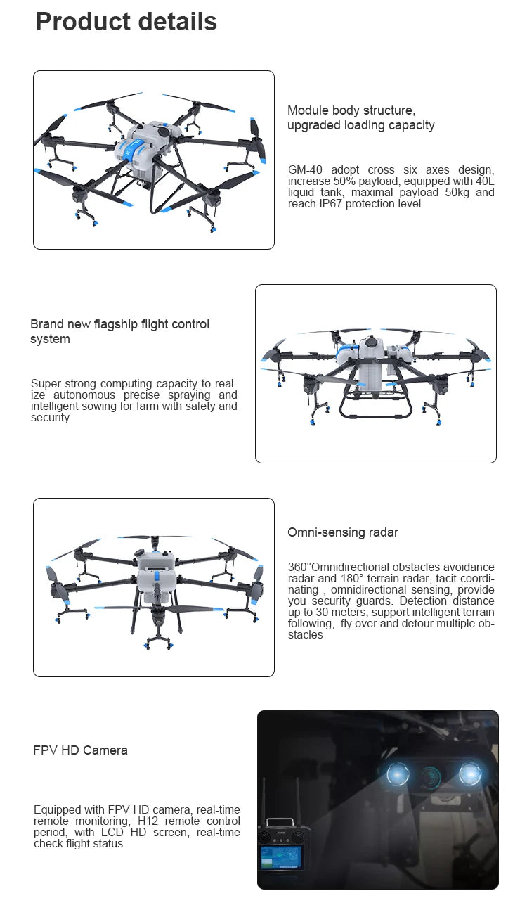 Yuanmu GM-40 40L Agriculture Drone, The Yuanmu GM-40 agriculture drone features an intelligent spraying system, large payload capacity, and advanced sensors for precision farming.