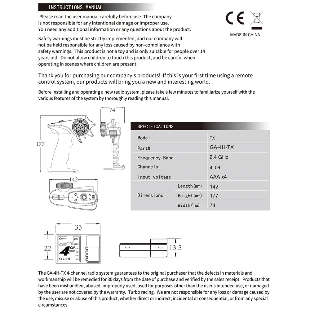 TX4 2.4GHz 4CH Radio System Transmitter Controller Remote Control w/ Receiver For RC Car Boat 17 our company will not be held responsible for any caused by non-compliance with safety warning