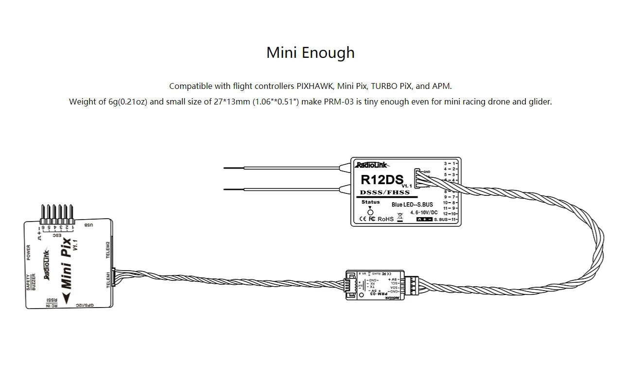 Radiolink mini osd R12DSM R9DS R8FM R8EF R8FM R6DSM R6FG R8SM R7FG SUI04 Rc Receiver 2.4G Signal for RC Transmitter 52 Mini Enough Compatible with flight controllers PIXHAWK, Mini Pix;