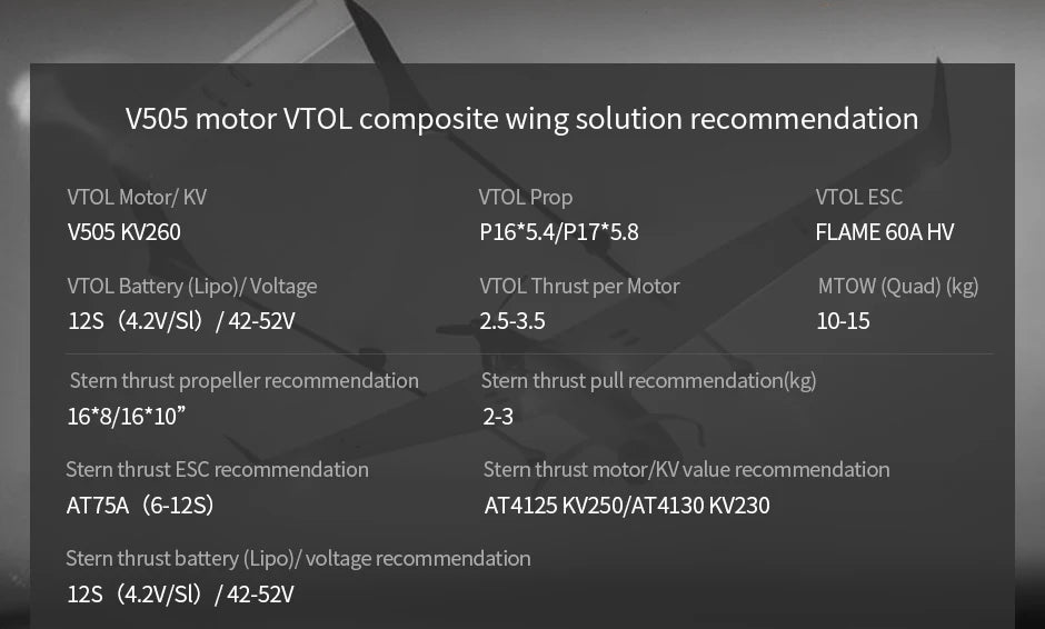 T-motor V505-S KV260 12S 8.7KG Thrust Powerful Outrunner Brushlees Motor for UAV Drone Helicopter 7 T-motor, Stern thrust propeller recommendation Stern thrust pull recommendation(kg) 16*8/16*10"