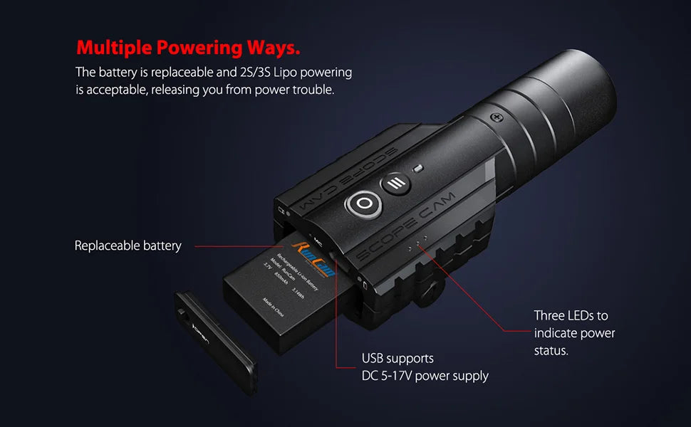 RunCam Scope Cam Lite 1080P HD Built-in WiFi APP Scopecam 2 Military Airsoft Tactical Paintbal Hunting Action Zoom Camera 12 the battery is replaceable and 2S/3S lipo powering acceptable, releasing you