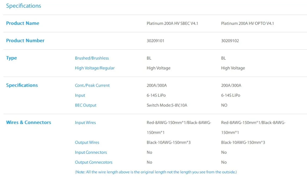 Hobbywing Platinum HV 200A V4.1 ESC, Specifications Product Number Platinum ZO0A HV SBEC V4.1 Platinum 2OOA